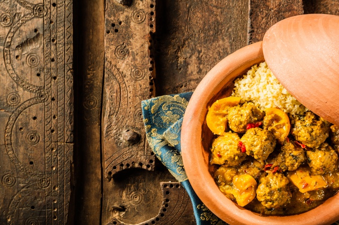 Traditional Tajine Dish of Meatballs and Couscous